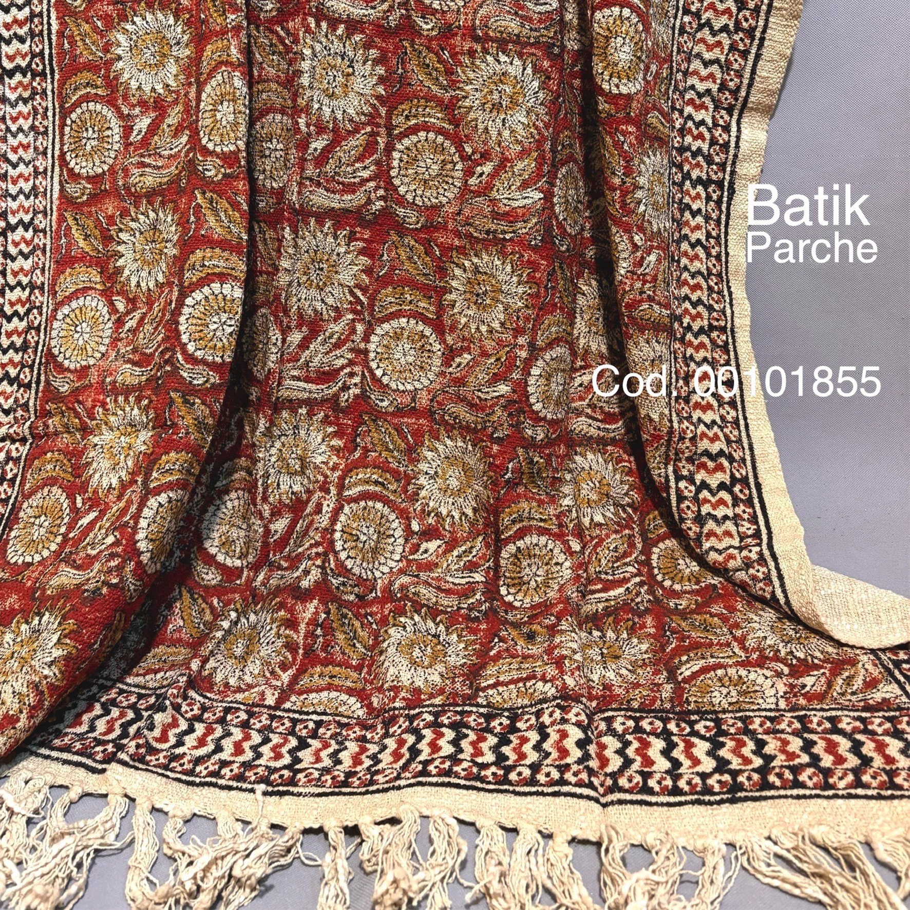 پارچه چاپ سنگی عنابی خردلی با گلهای آفتابی و بافت نپالی دستساز – Batik Parche